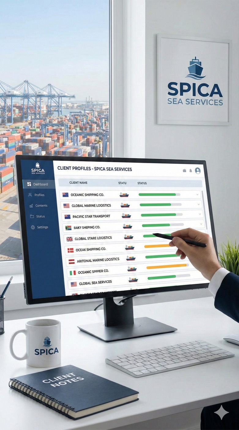 SPICA client profile dashboard on an office monitor with a Vancouver harbour skyline behind