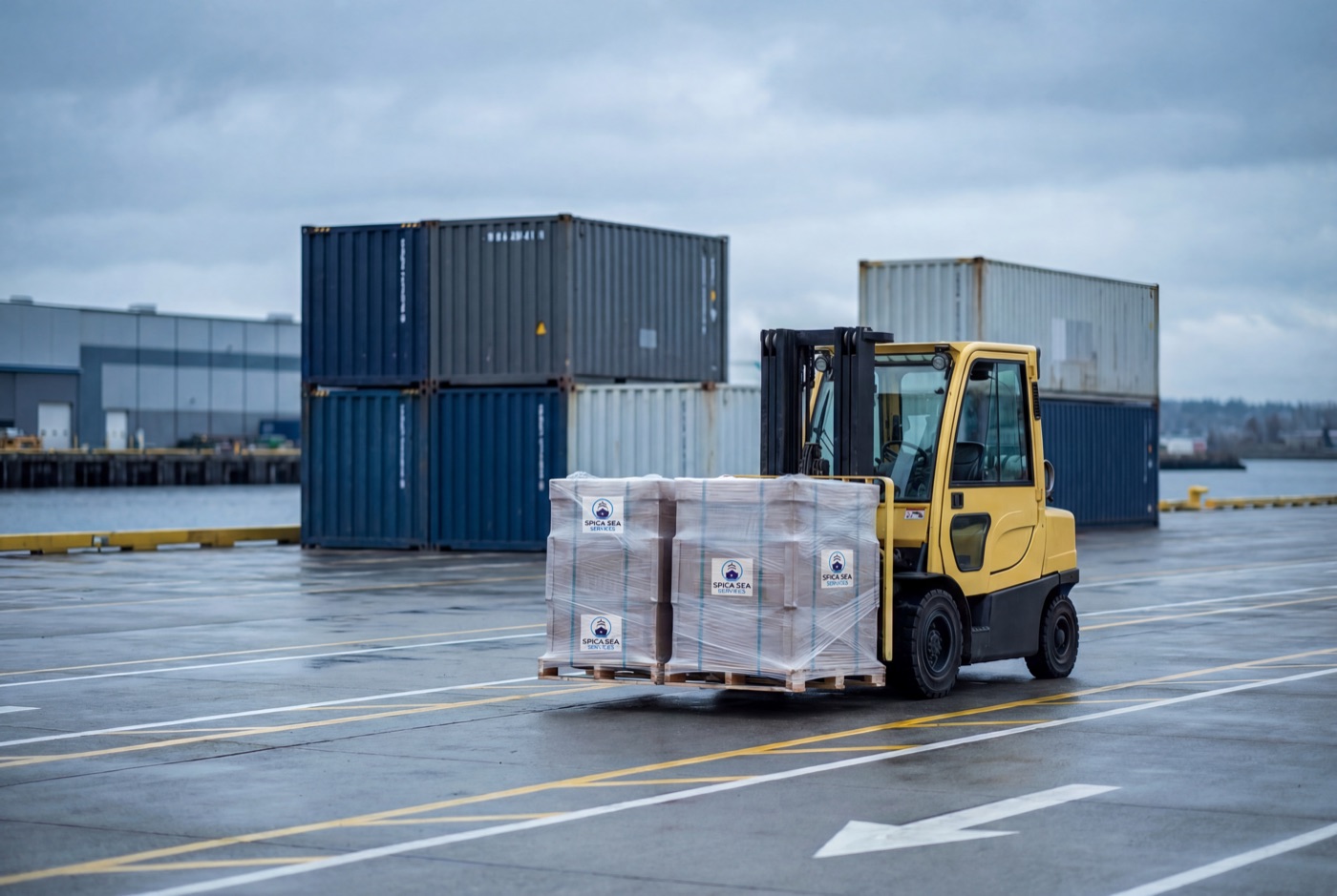 Forklift moving wrapped SPICA stores pallets through a Vancouver container yard