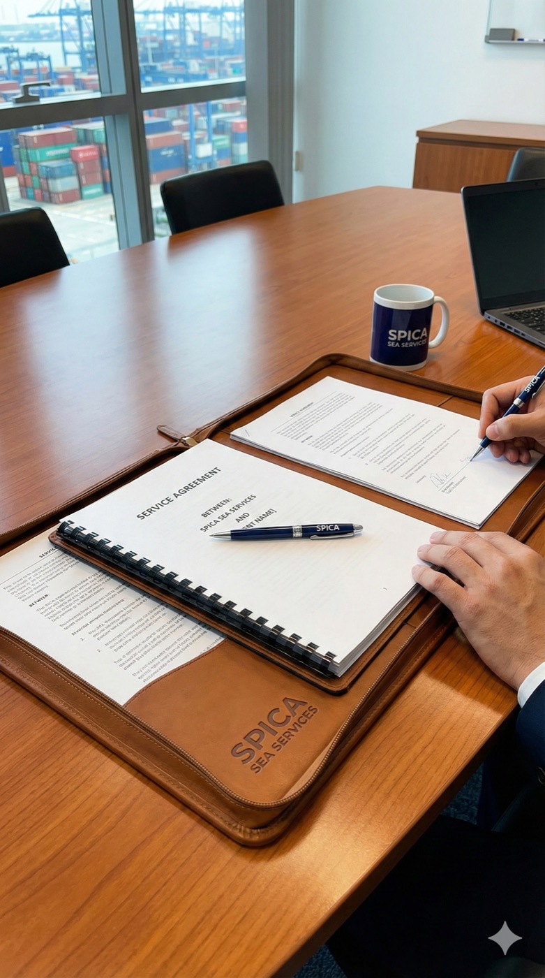 SPICA service agreement being signed on a boardroom desk