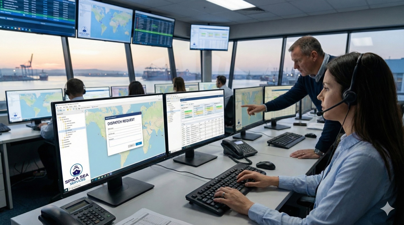 SPICA dispatch coordinators monitoring vessel movements across multiple screens in the Vancouver operations centre
