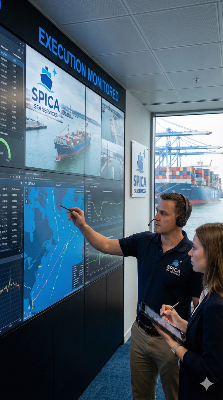 SPICA execution-monitoring room with a vessel and coverage screen on the wall