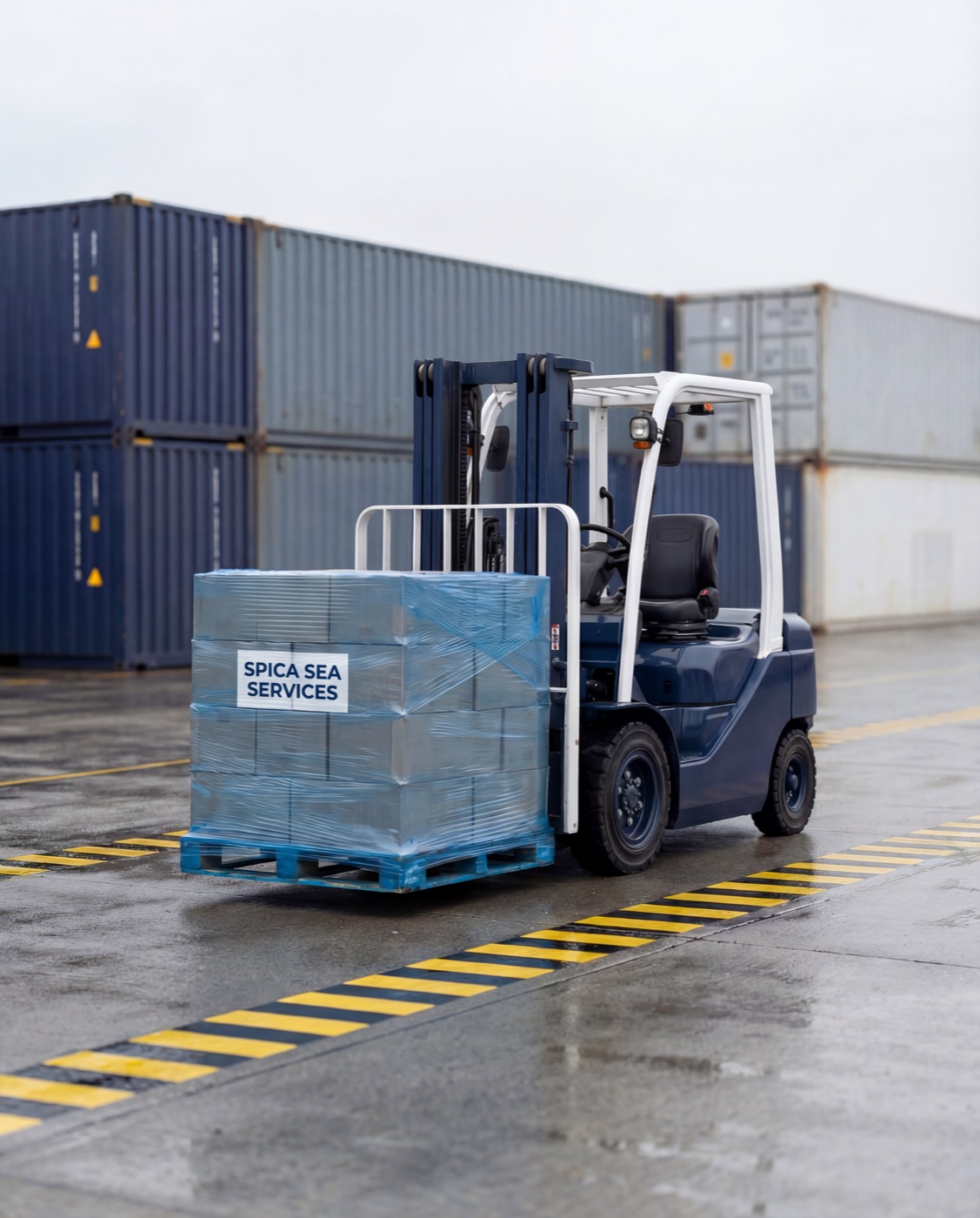 Forklift moving a wrapped SPICA SEA SERVICES pallet across a dock receiving lane in Vancouver