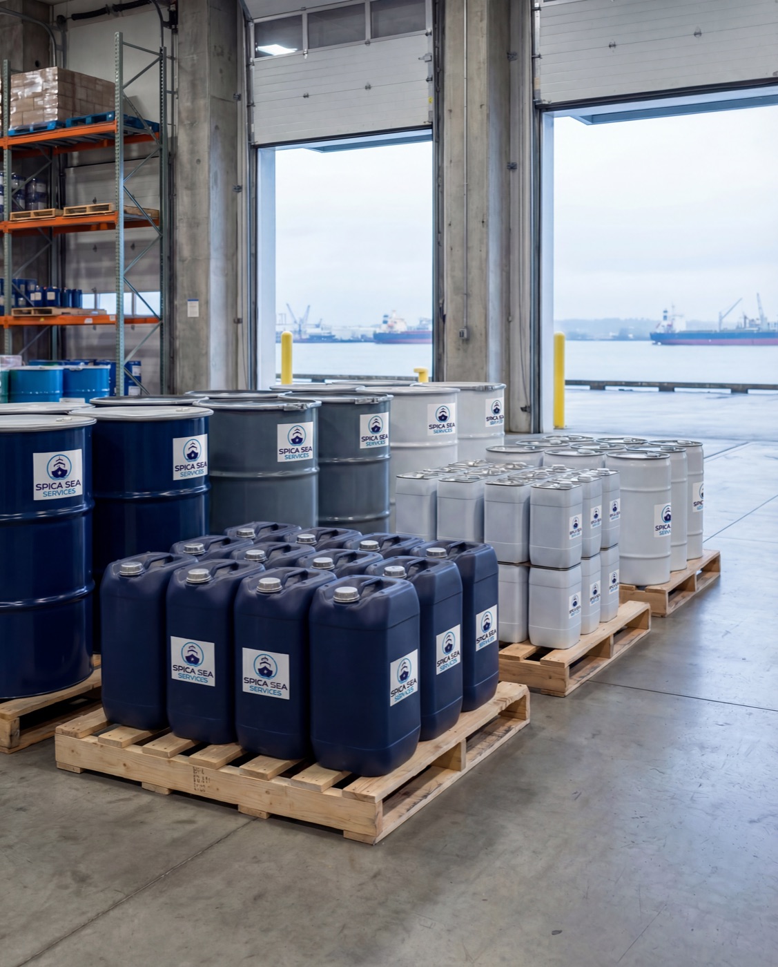 SPICA marine lubricants and consumables organised in warehouse pallets ready for vessel dispatch