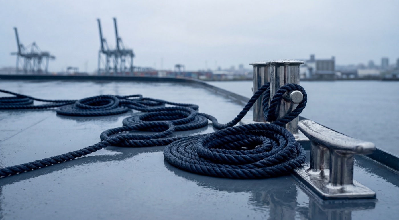 Mooring ropes coiled on a Vancouver harbour bollard with container cranes in the background