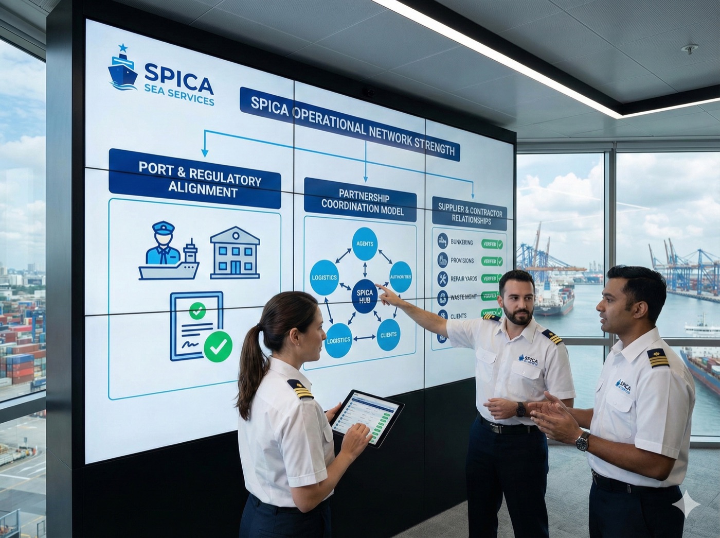 SPICA operational network diagram presented on a meeting-room screen to two SPICA officers