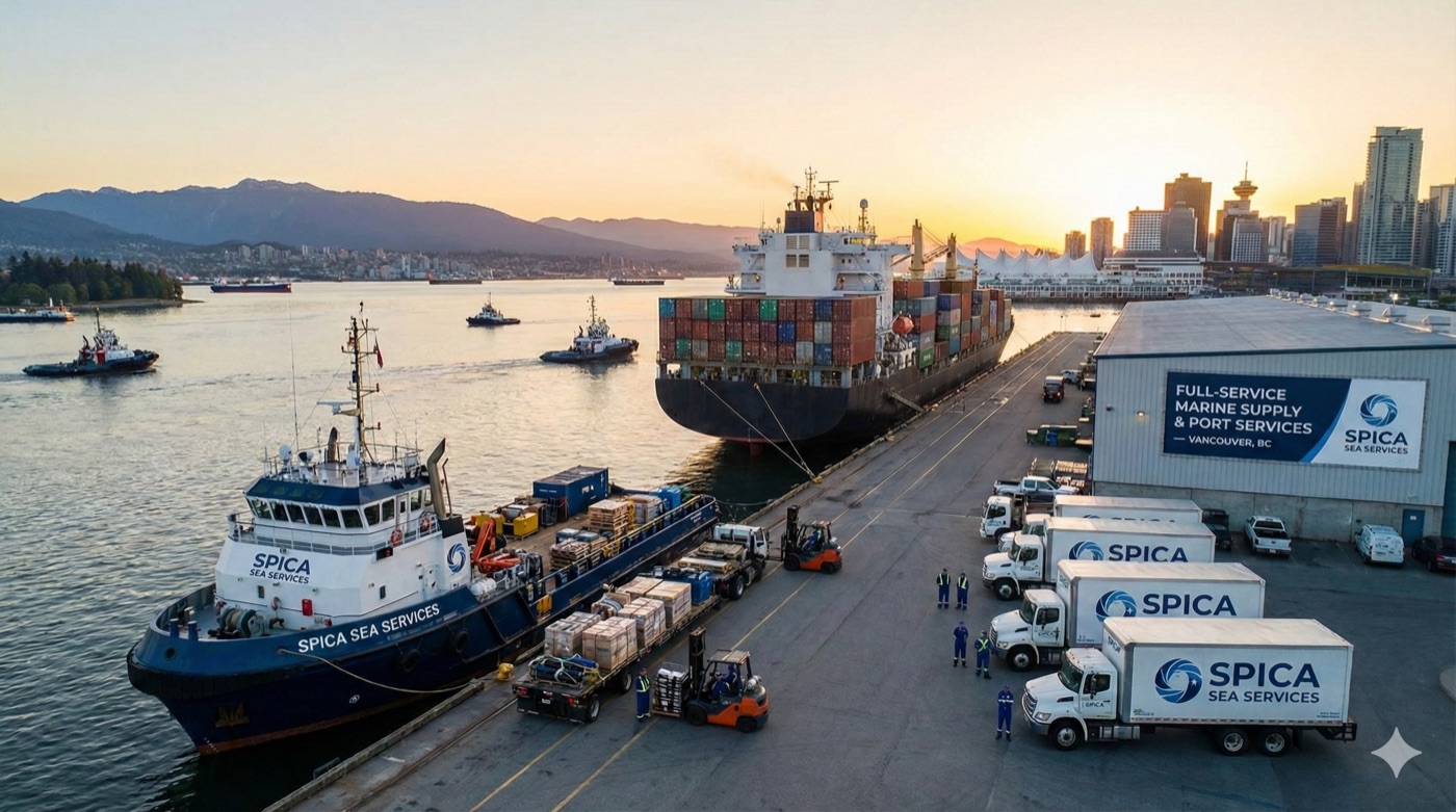 SPICA SEA SERVICES delivery trucks lined up alongside tugboats at a Vancouver dock at sunset