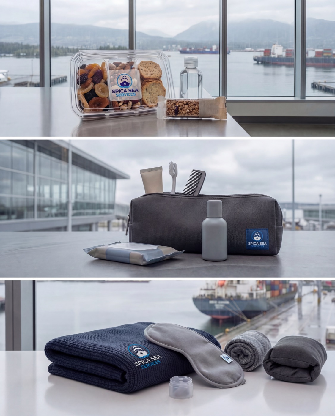 SPICA-branded cabin amenity and hygiene kits with folded linen staged for vessel turnaround