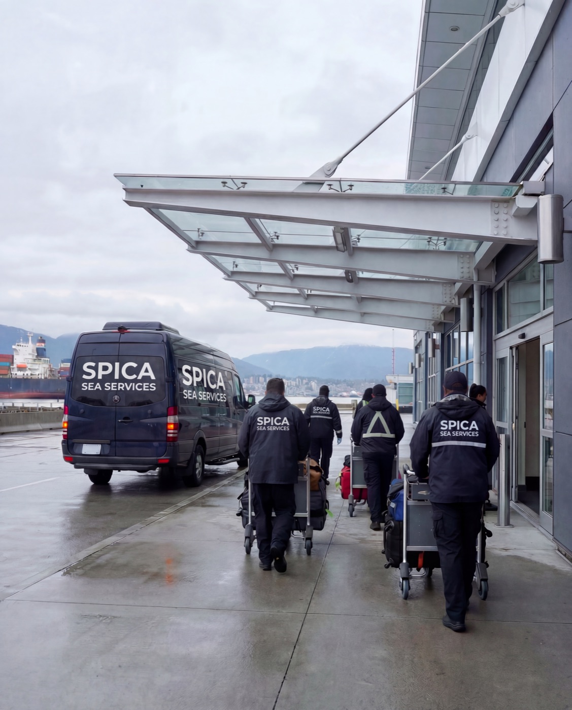 SPICA SEA SERVICES team in branded jackets escorting joiners with baggage carts at a Vancouver terminal
