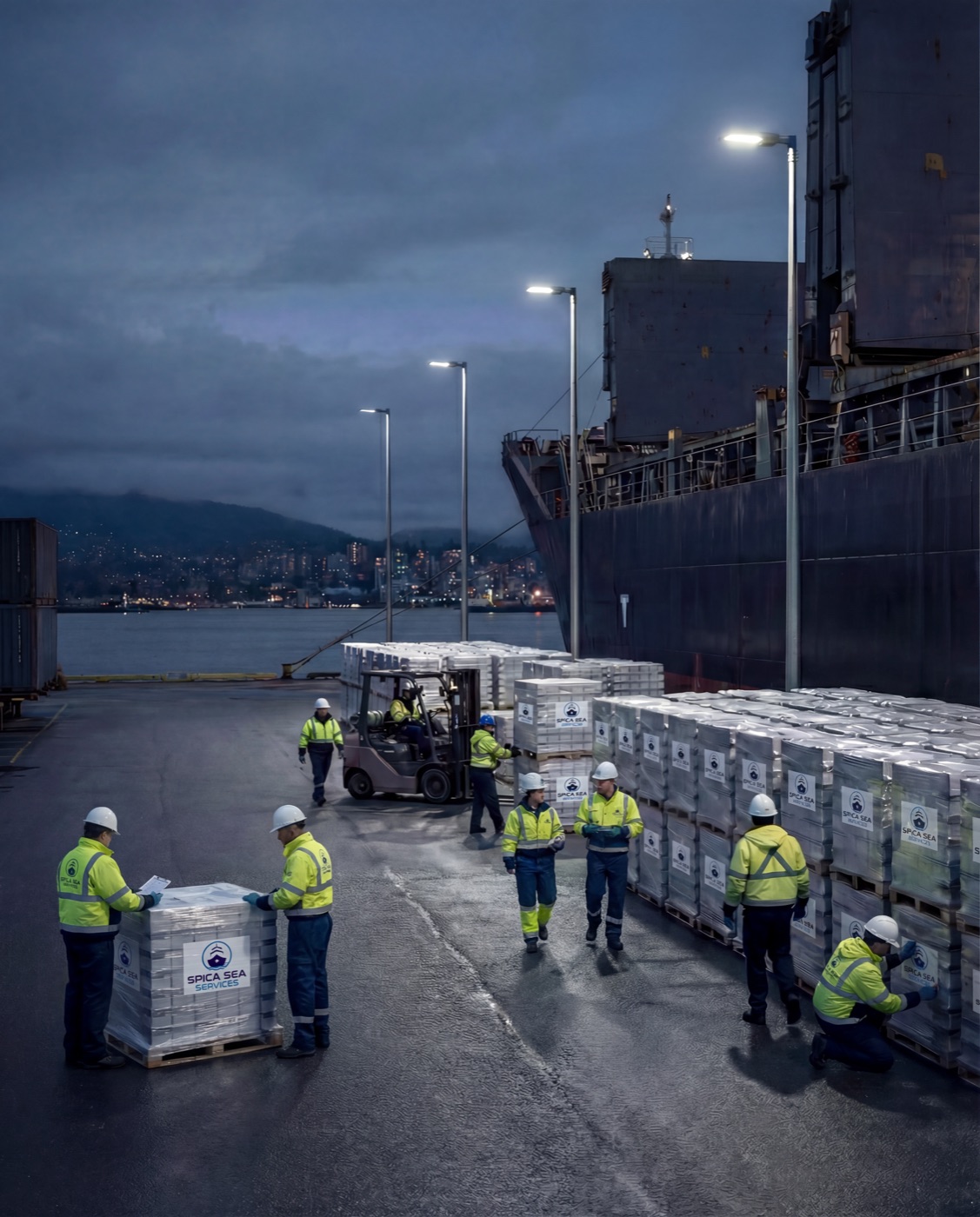 SPICA crew in PPE and reflective gear loading urgent stores dockside at night for a rapid vessel call