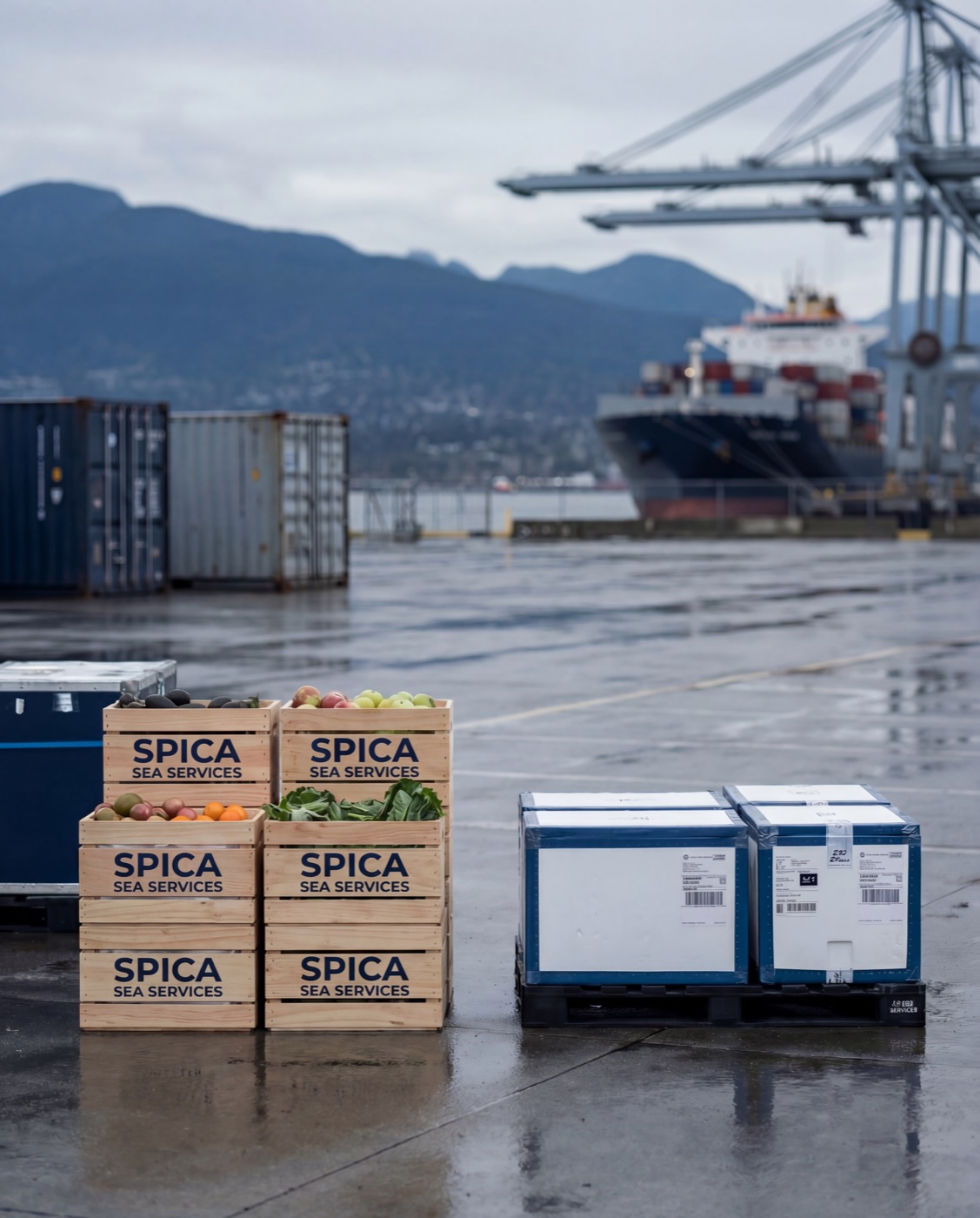 SPICA SEA SERVICES branded provision crates with fresh produce staged dockside at the Port of Vancouver