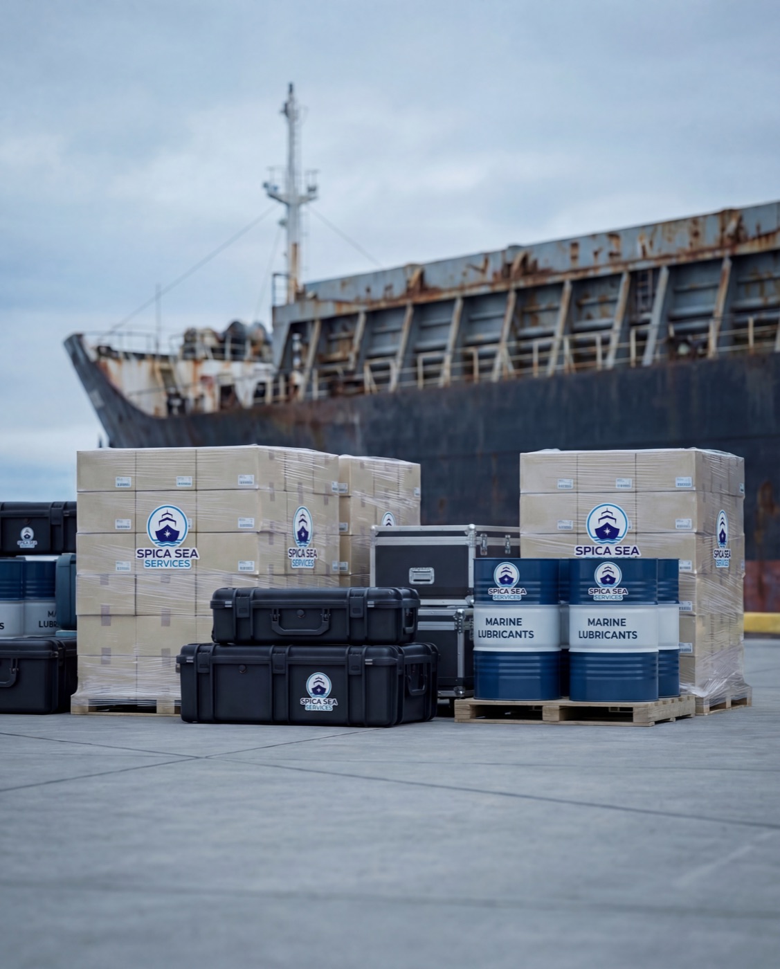 SPICA SEA SERVICES branded chandlery stores staged dockside next to a bulk carrier in the Port of Vancouver