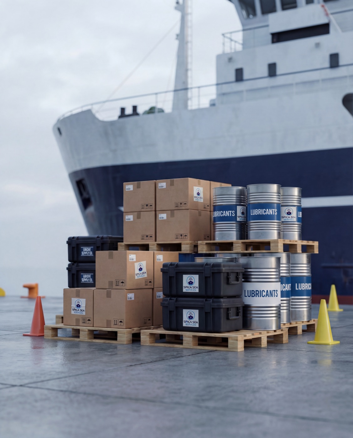Pallets of marine lubricant drums and SPICA technical stores staged at the dock for vessel delivery