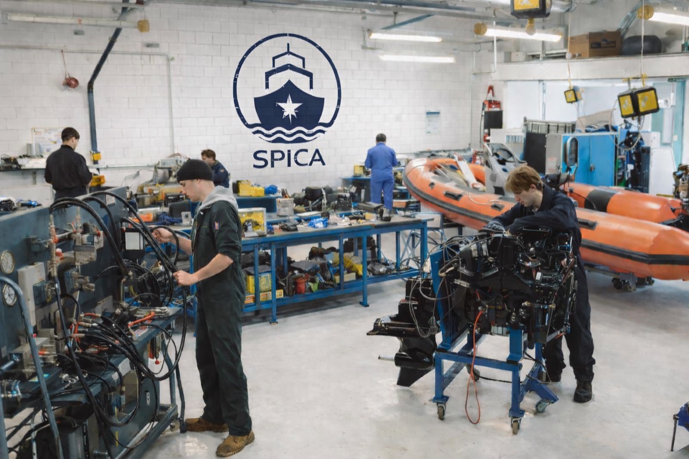 SPICA-branded workshop with technicians performing maintenance on a marine RIB and outboard engine